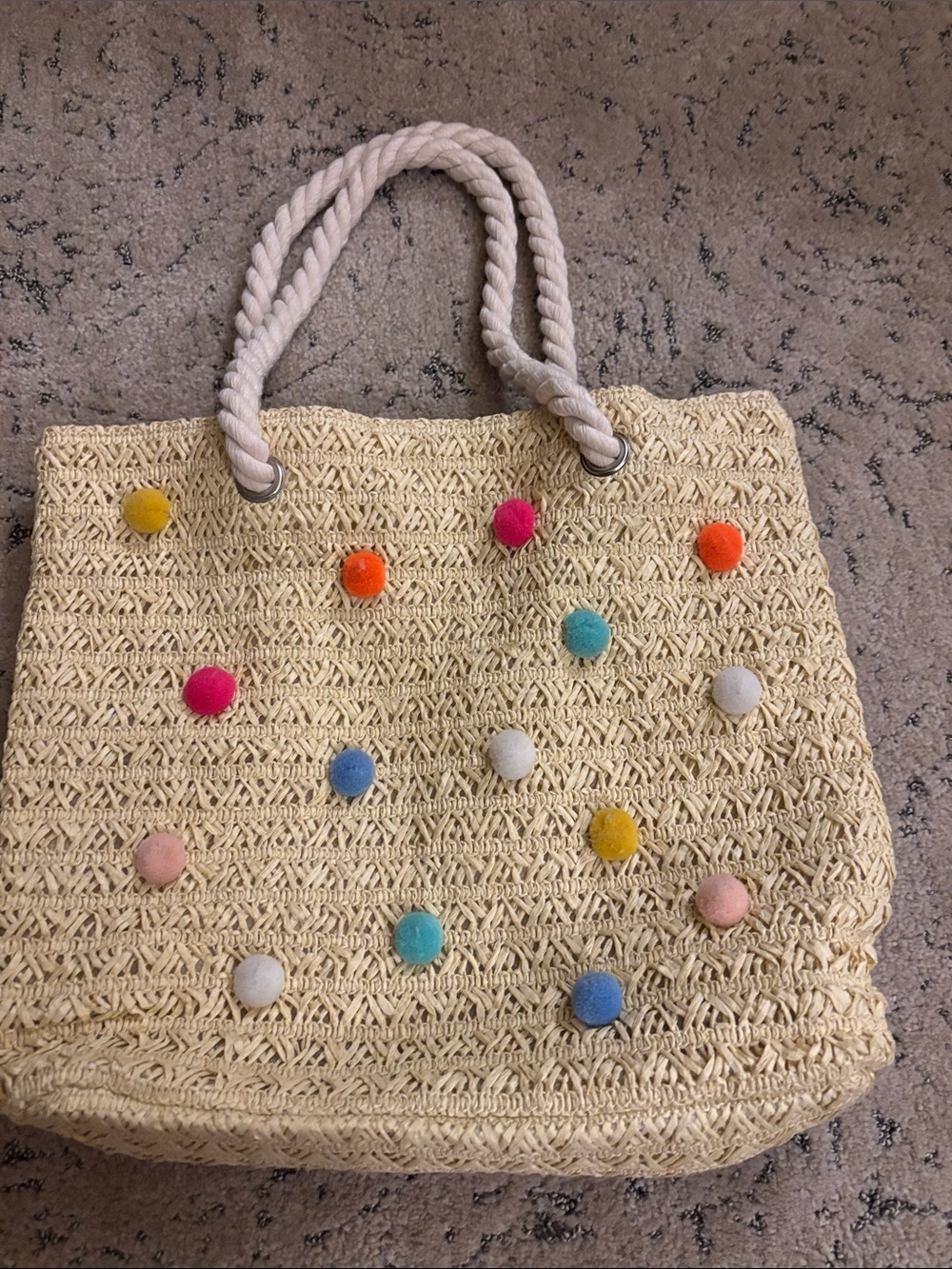 Woven Pom-Pom Straw Tote Bag in Beige